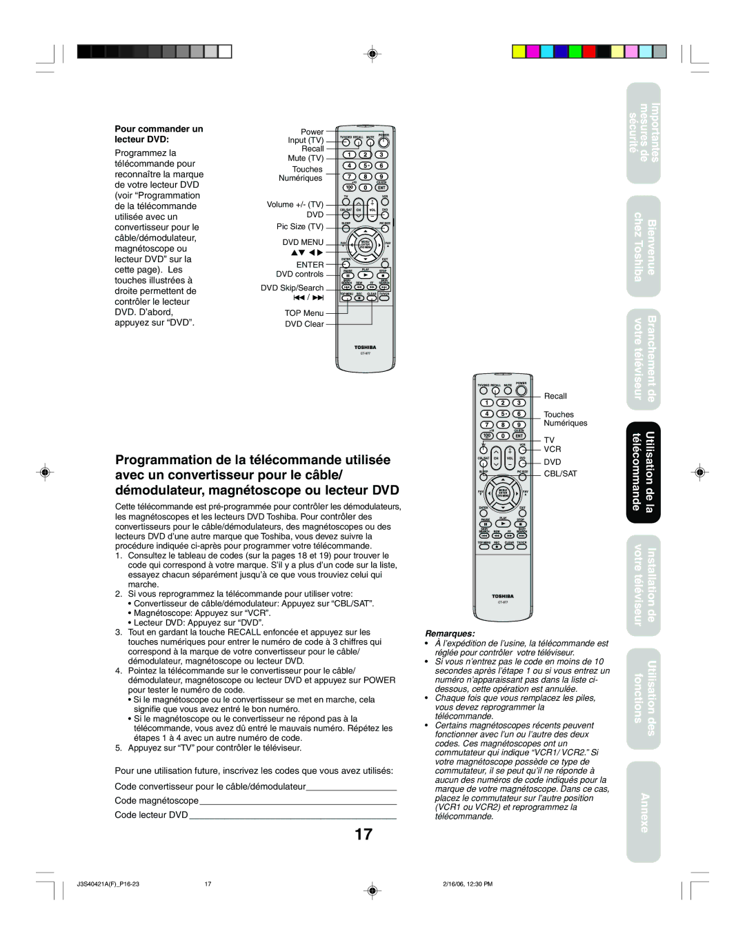 Toshiba 26HF86C, 30HF86C appendix Pour commander un lecteur DVD, Code magnétoscope Code lecteur DVD 