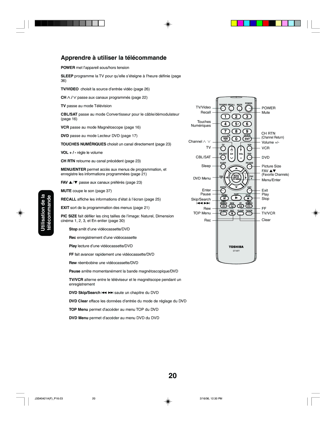 Toshiba 30HF86C, 26HF86C appendix Apprendre à utiliser la télécommande, Cbl/Sat Dvd 