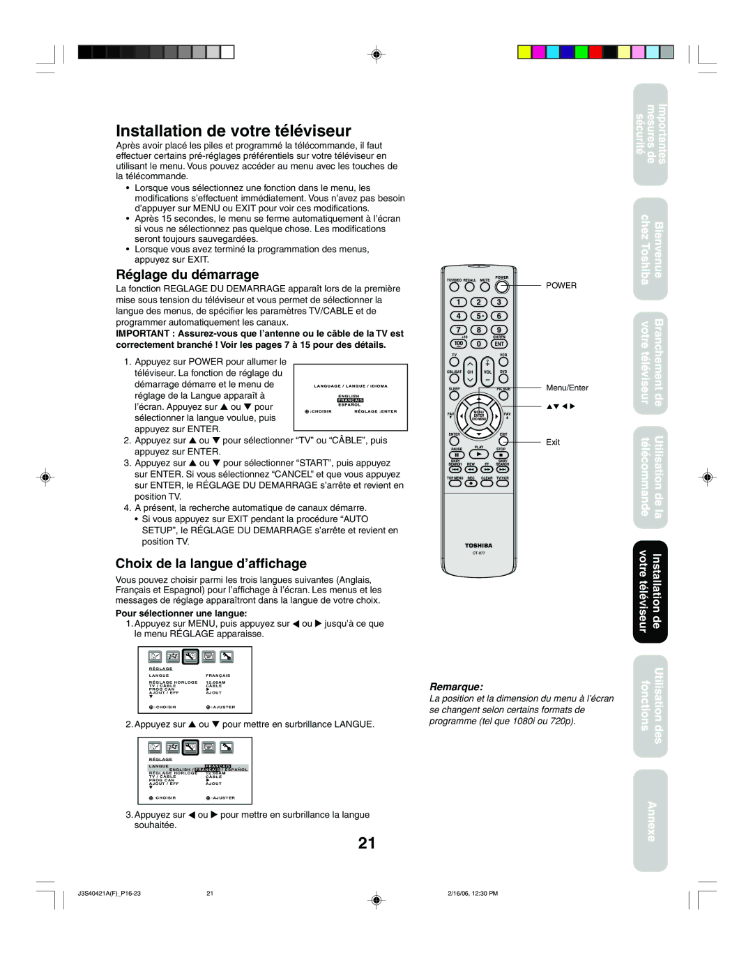 Toshiba 26HF86C, 30HF86C appendix Installation de votre téléviseur, Réglage du démarrage, Choix de la langue d’affichage 