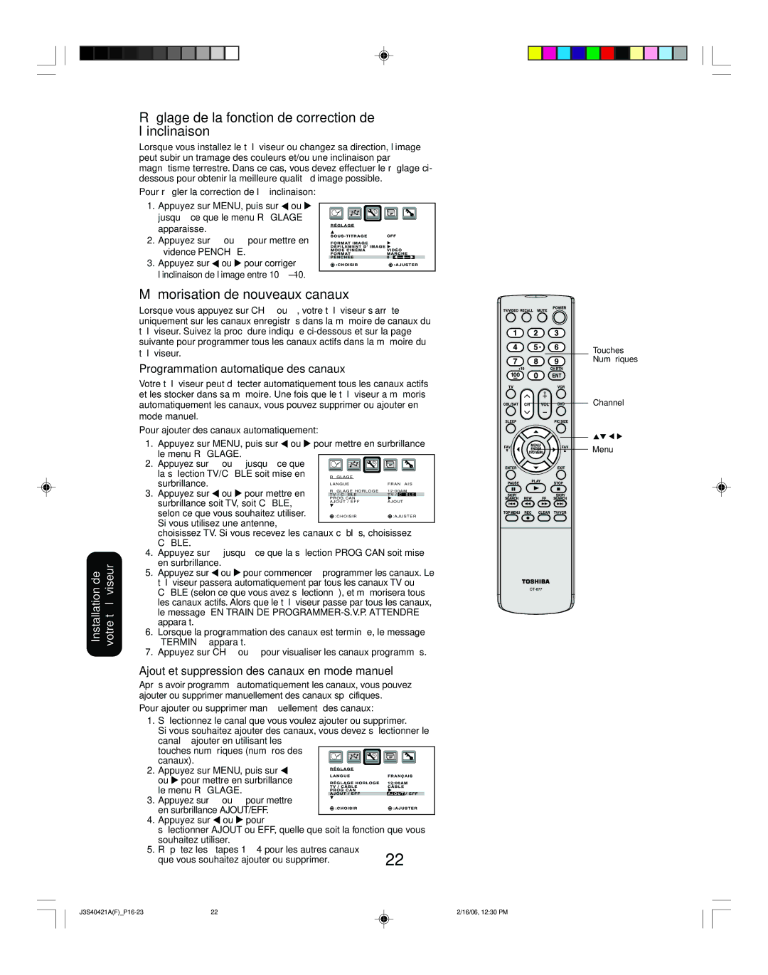 Toshiba 30HF86C, 26HF86C appendix Réglage de la fonction de correction de l’inclinaison, Mémorisation de nouveaux canaux 