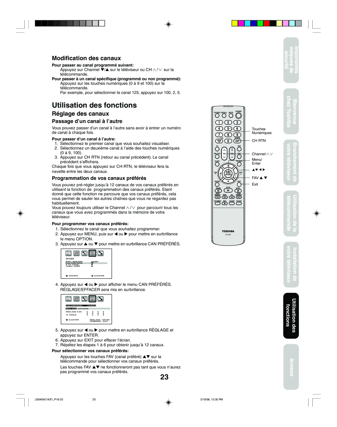 Toshiba 26HF86C Utilisation des fonctions, Modification des canaux, Réglage des canaux, Passage d’un canal à l’autre 