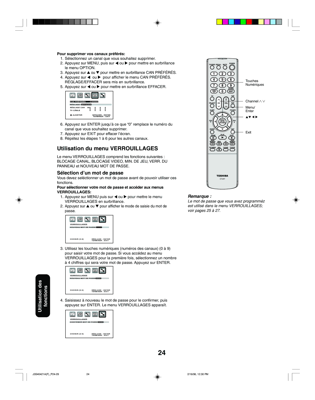 Toshiba 30HF86C appendix Utilisation du menu Verrouillages, Sélection d’un mot de passe, Pour supprimer vos canaux préférés 