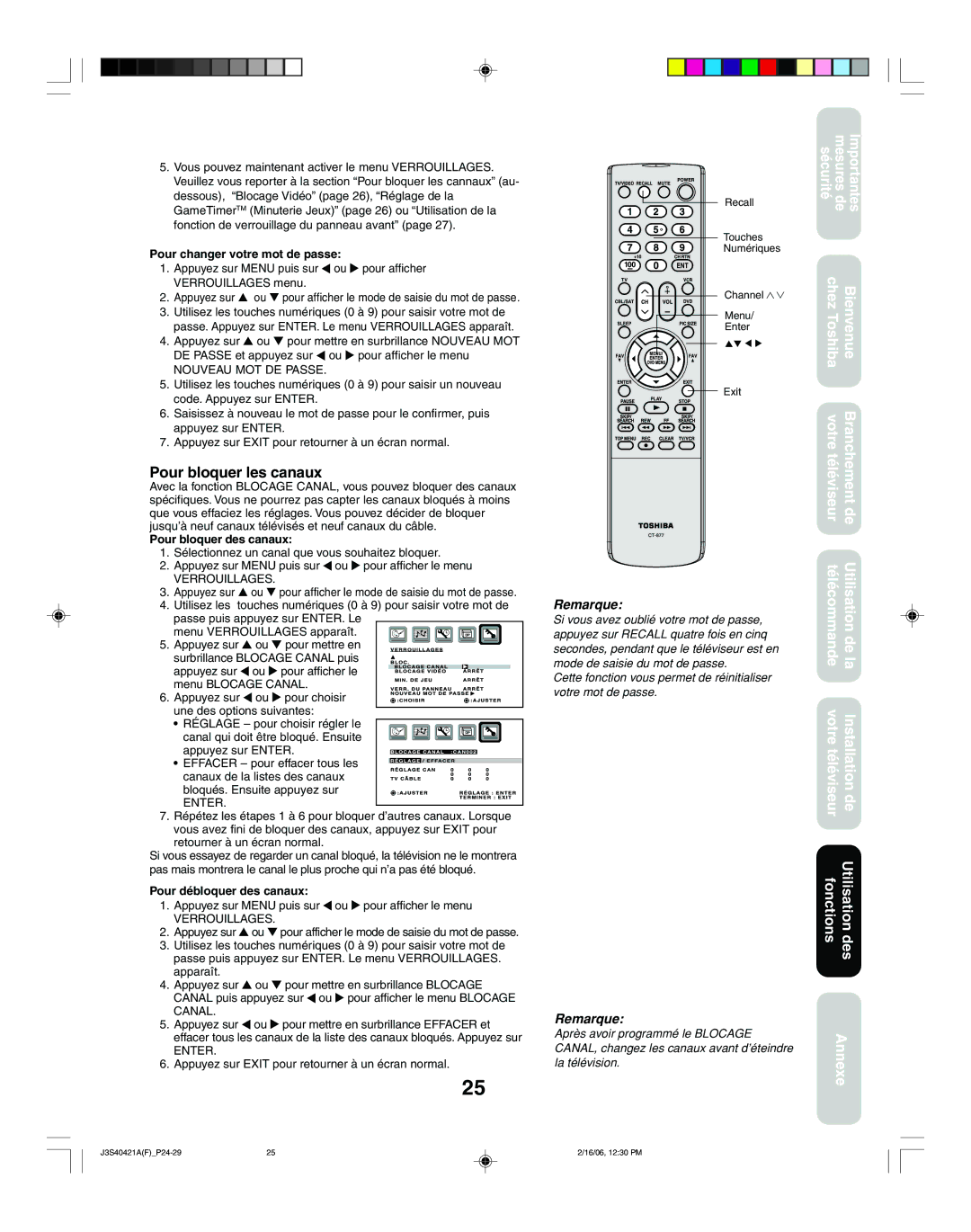 Toshiba 26HF86C, 30HF86C appendix Pour bloquer les canaux, Pour changer votre mot de passe, Pour bloquer des canaux 