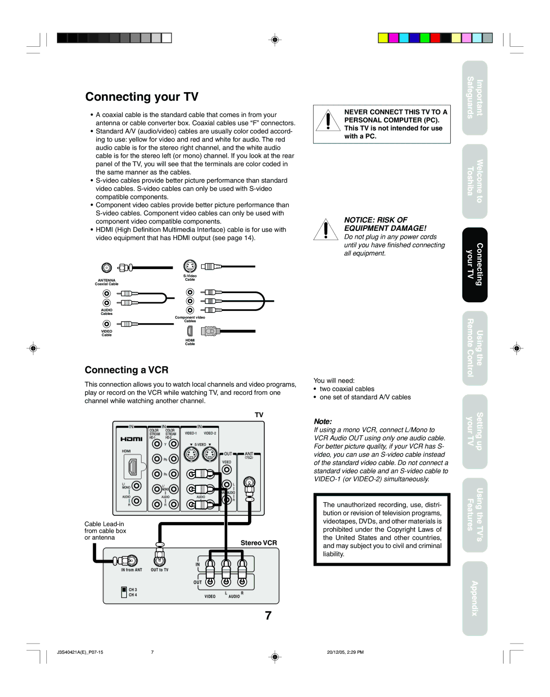 Toshiba 26HF86C, 30HF86C appendix Connecting your TV, Connecting a VCR, Stereo VCR 