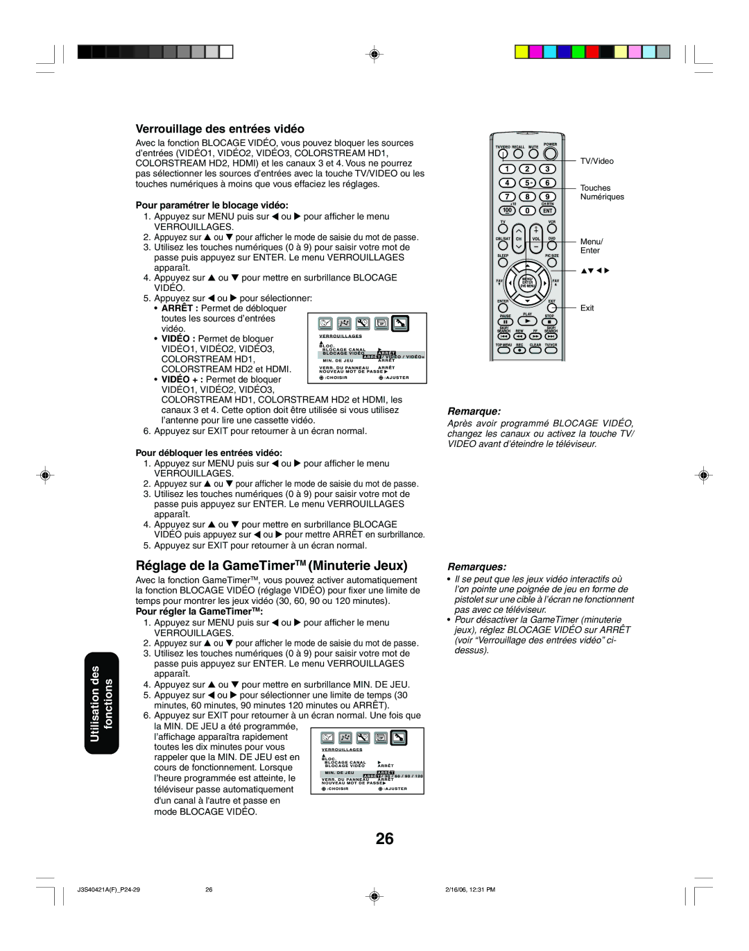 Toshiba 30HF86C Réglage de la GameTimerTM Minuterie Jeux, Verrouillage des entrées vidéo, Pour paramétrer le blocage vidéo 