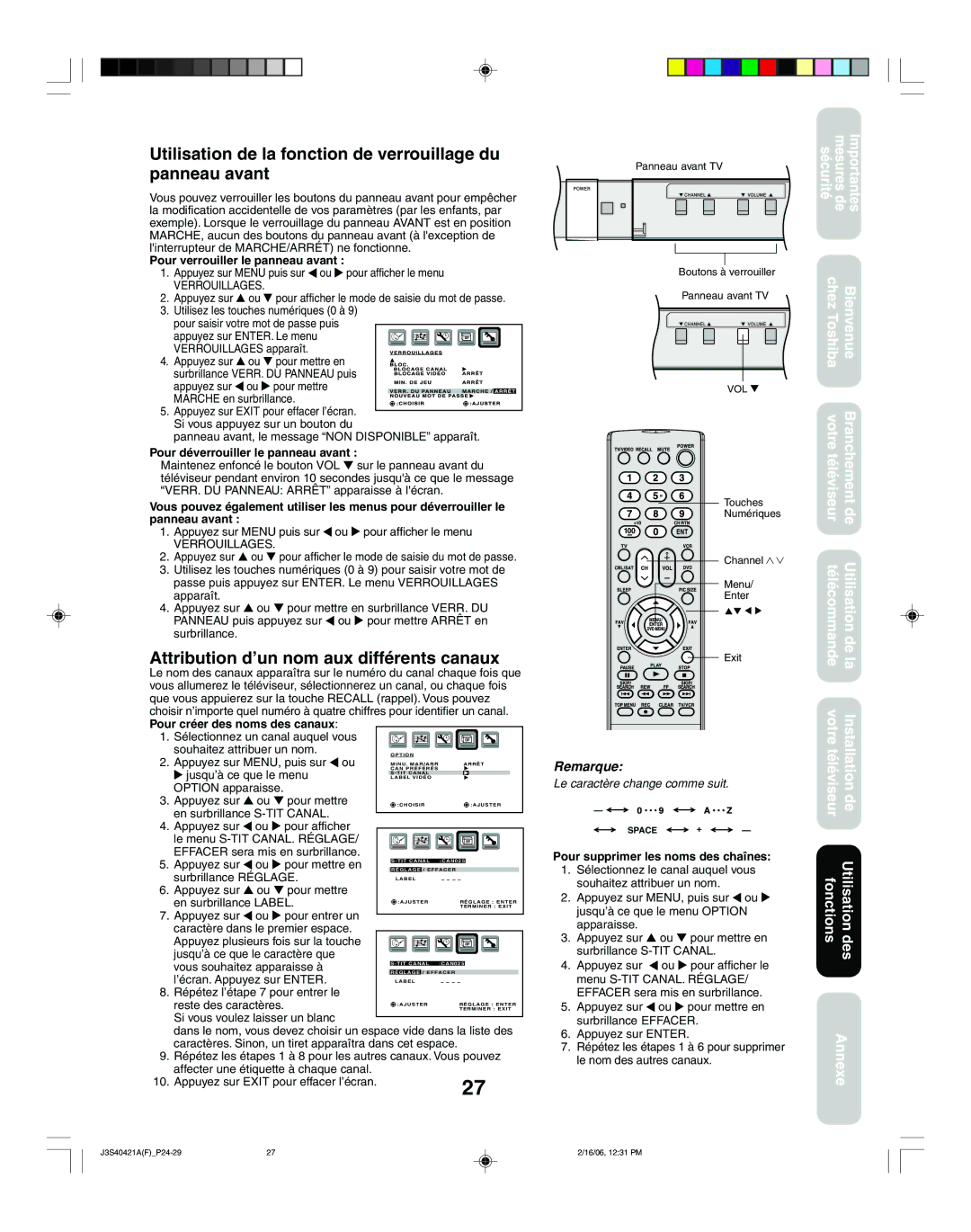 Toshiba 26HF86C Utilisation de la fonction de verrouillage du panneau avant, Attribution d’un nom aux différents canaux 