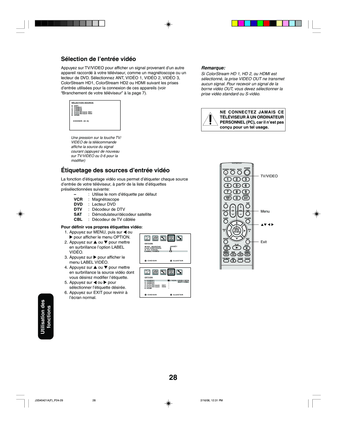 Toshiba 30HF86C, 26HF86C appendix Sélection de l’entrée vidéo, Étiquetage des sources d’entrée vidéo 