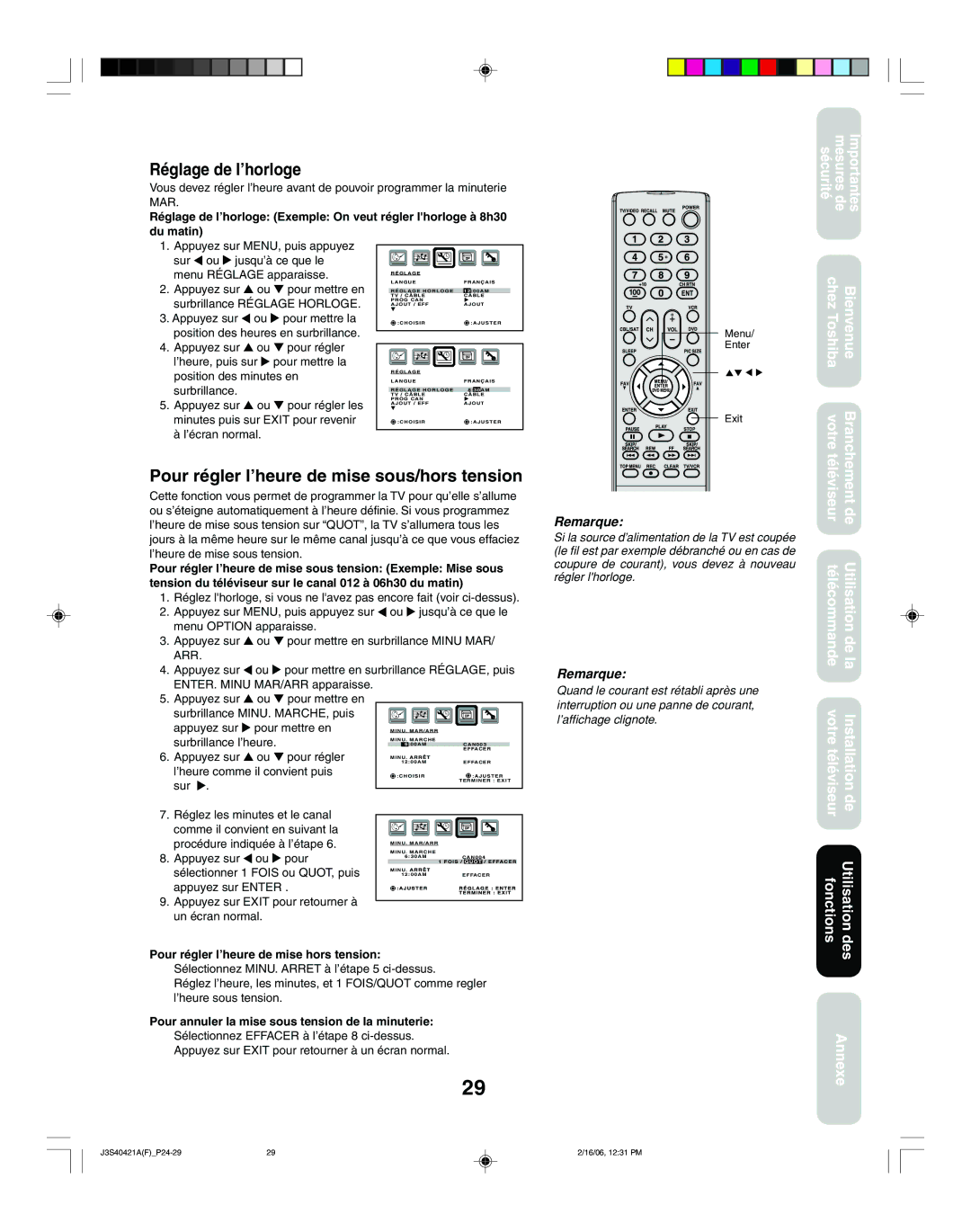 Toshiba 26HF86C, 30HF86C appendix Réglage de l’horloge, Pour régler l’heure de mise sous/hors tension 