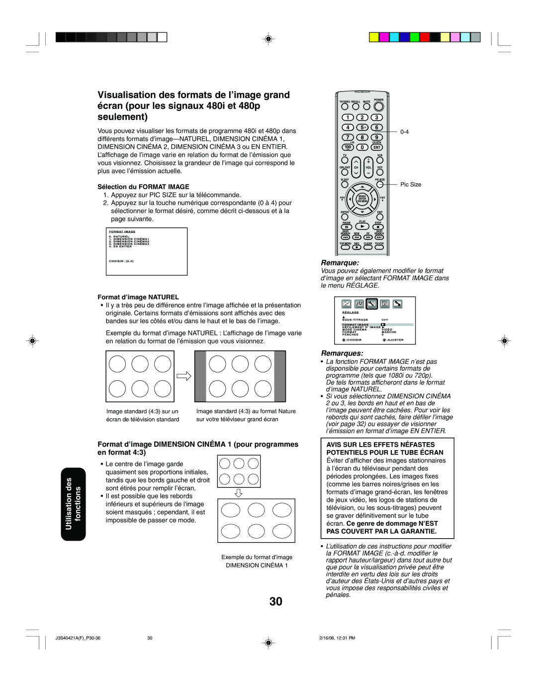 Toshiba 30HF86C, 26HF86C appendix Format d’image Dimension Cinéma 1 pour programmes en format, Sélection du Format Image 