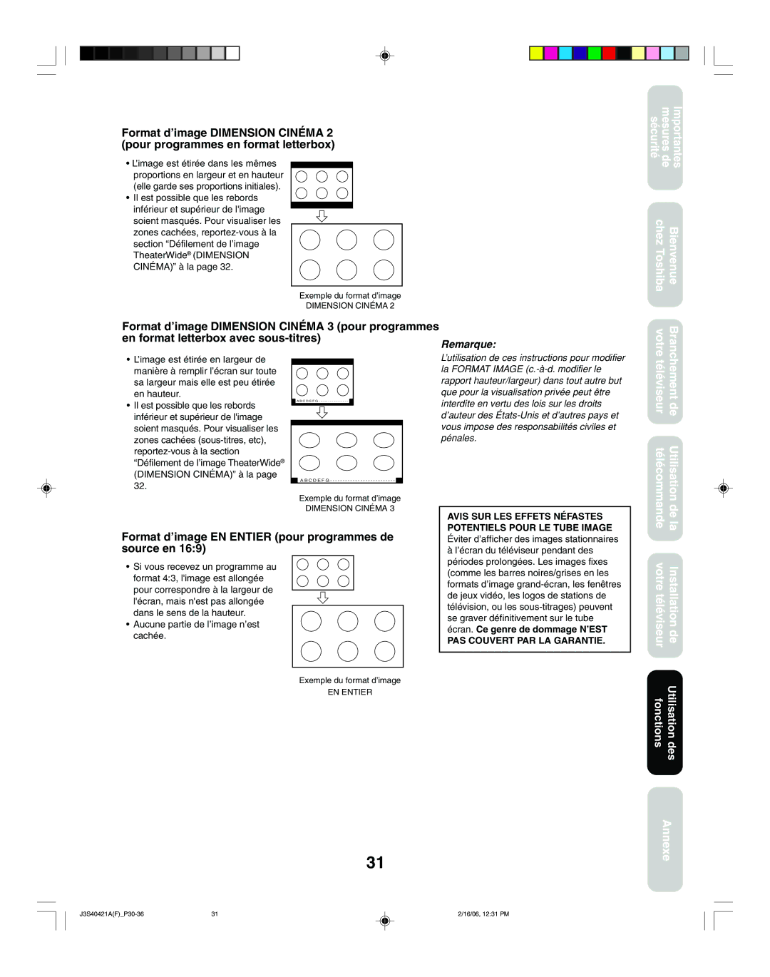 Toshiba 26HF86C, 30HF86C appendix Avis SUR LES Effets Néfastes Potentiels Pour LE Tube Image 