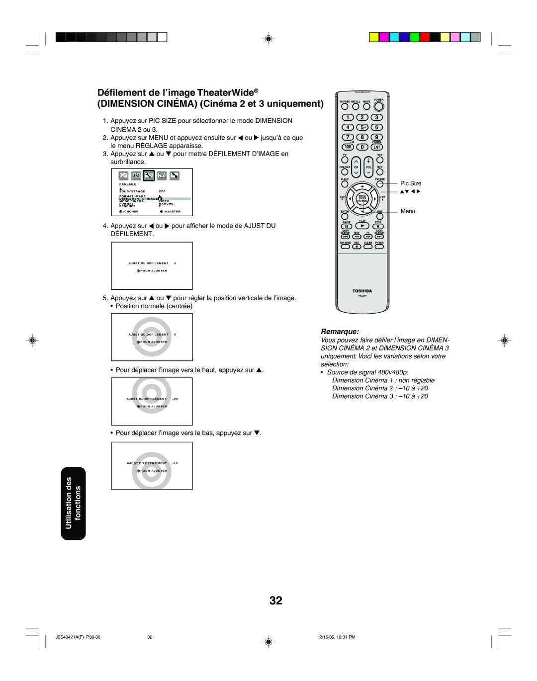 Toshiba 30HF86C, 26HF86C appendix Appuyez sur ou pour afficher le mode de Ajust DU Défilement 