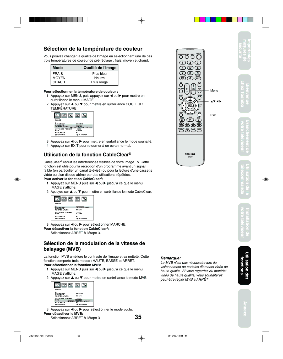 Toshiba 26HF86C Utilisation de la fonction CableClear, Sélection de la modulation de la vitesse de balayage MVB, Mode 