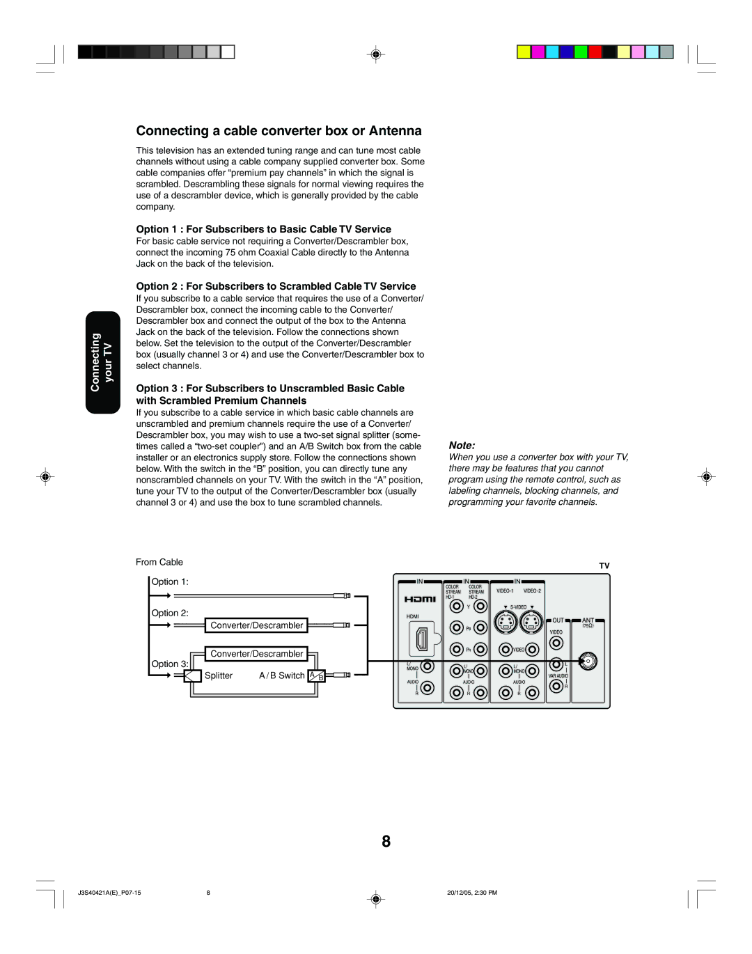 Toshiba 30HF86C, 26HF86C Connecting a cable converter box or Antenna, Option 1 For Subscribers to Basic Cable TV Service 