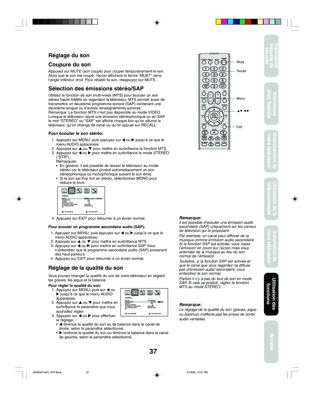 Toshiba 26HF86C, 30HF86C Réglage du son Coupure du son, Sélection des émissions stéréo/SAP, Réglage de la qualité du son 