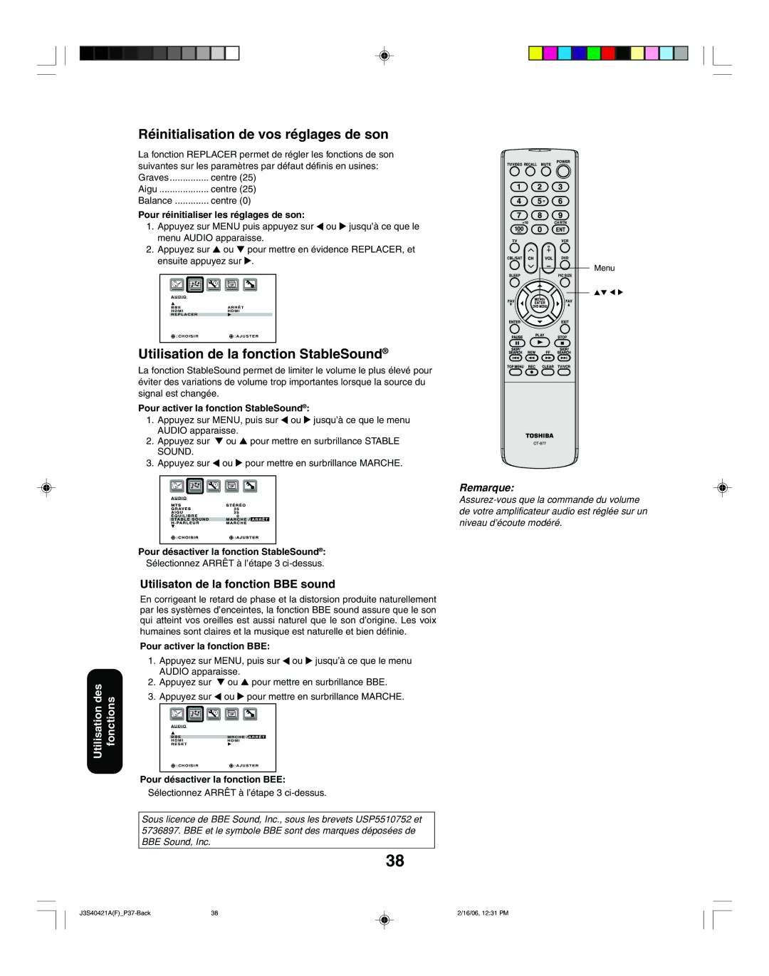 Toshiba 30HF86C, 26HF86C appendix Réinitialisation de vos réglages de son, Utilisation de la fonction StableSound 