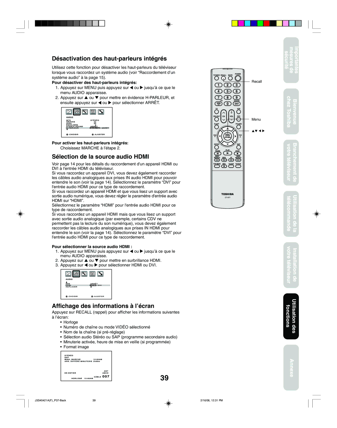 Toshiba 26HF86C, 30HF86C appendix Désactivation des haut-parleurs intégrés, Sélection de la source audio Hdmi 