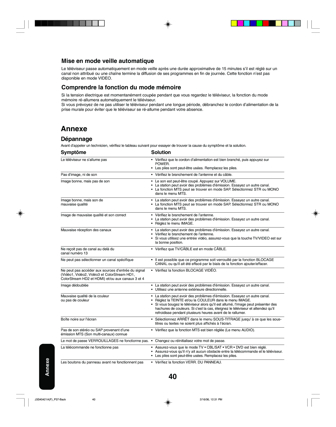 Toshiba 30HF86C, 26HF86C appendix Annexe, Mise en mode veille automatique, Comprendre la fonction du mode mémoire, Dépannage 