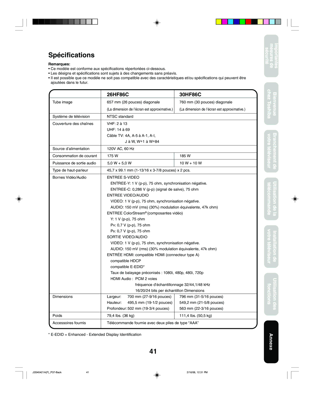 Toshiba 26HF86C, 30HF86C appendix Spécifications, Remarques, Entree S-VIDEO, Entree VIDEO/AUDIO, Sortie VIDEO/AUDIO 