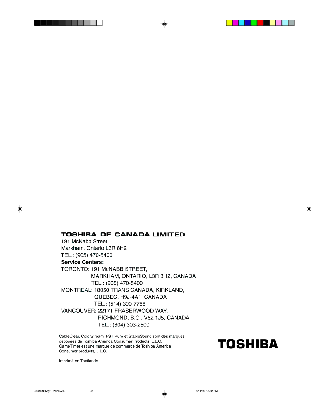 Toshiba 30HF86C, 26HF86C appendix Service Centers 