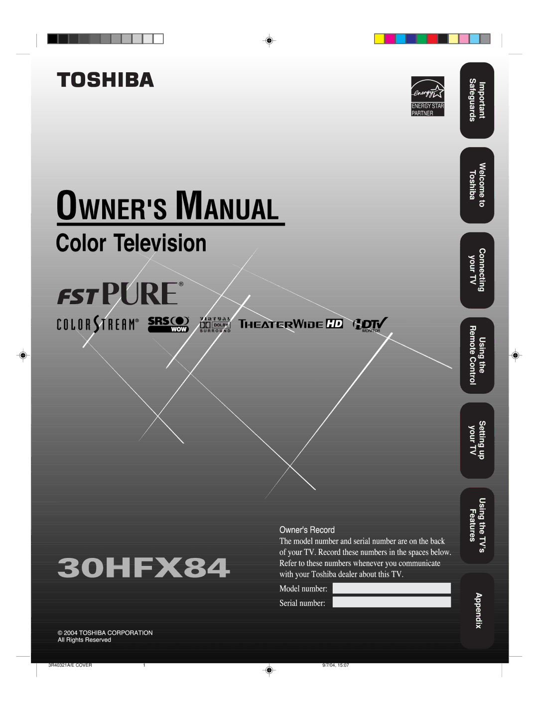 Toshiba 30HFX84 appendix Safeguards Welcome to Toshiba 