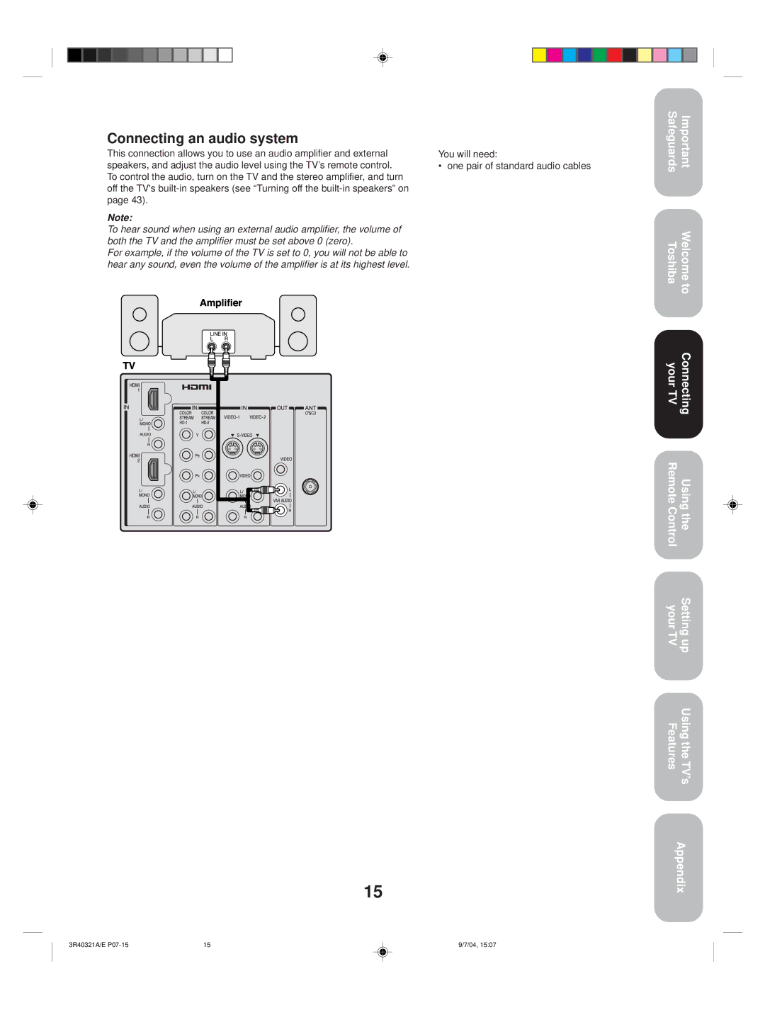 Toshiba 30HFX84 appendix Connecting an audio system 