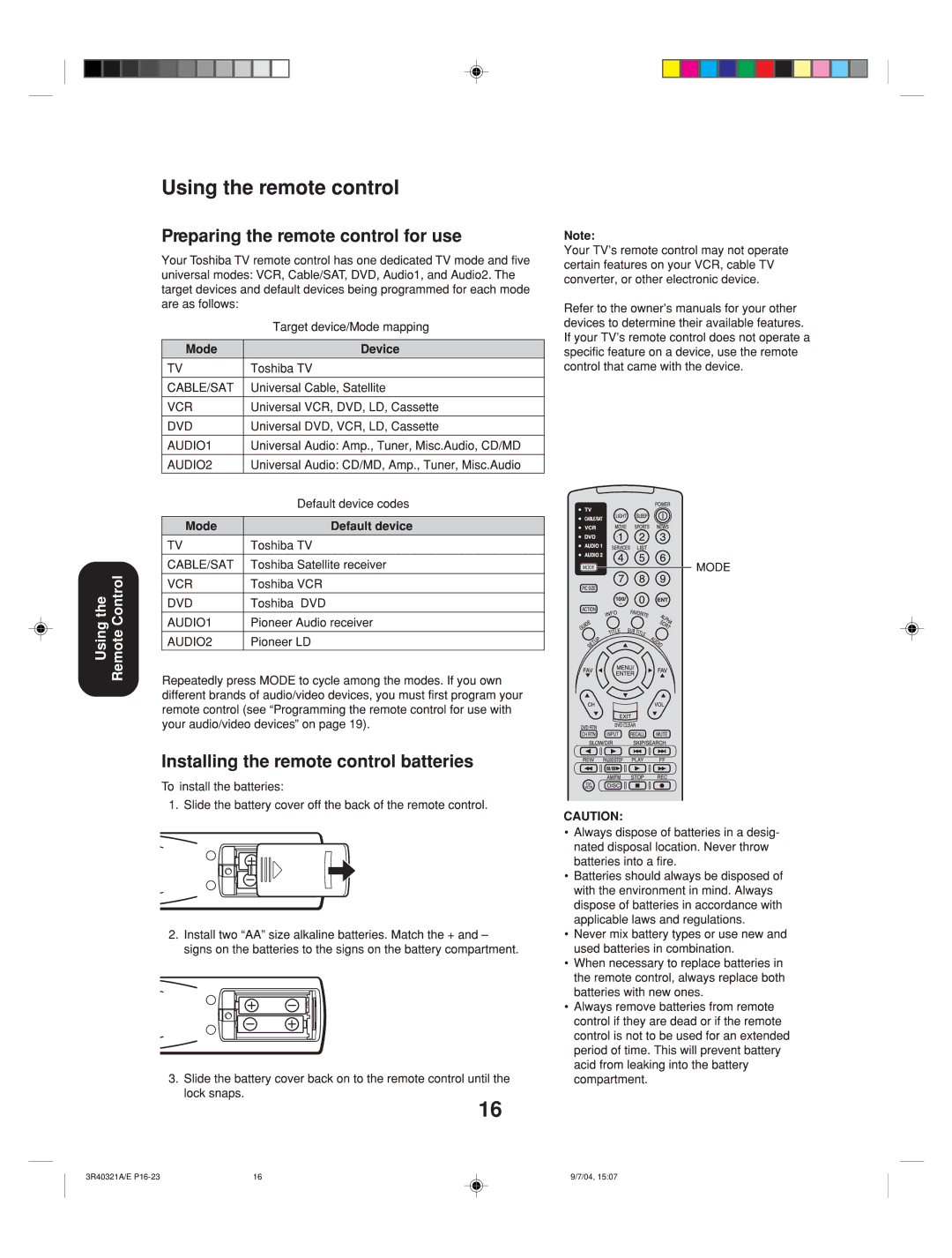 Toshiba 30HFX84 appendix Remote Control Using 