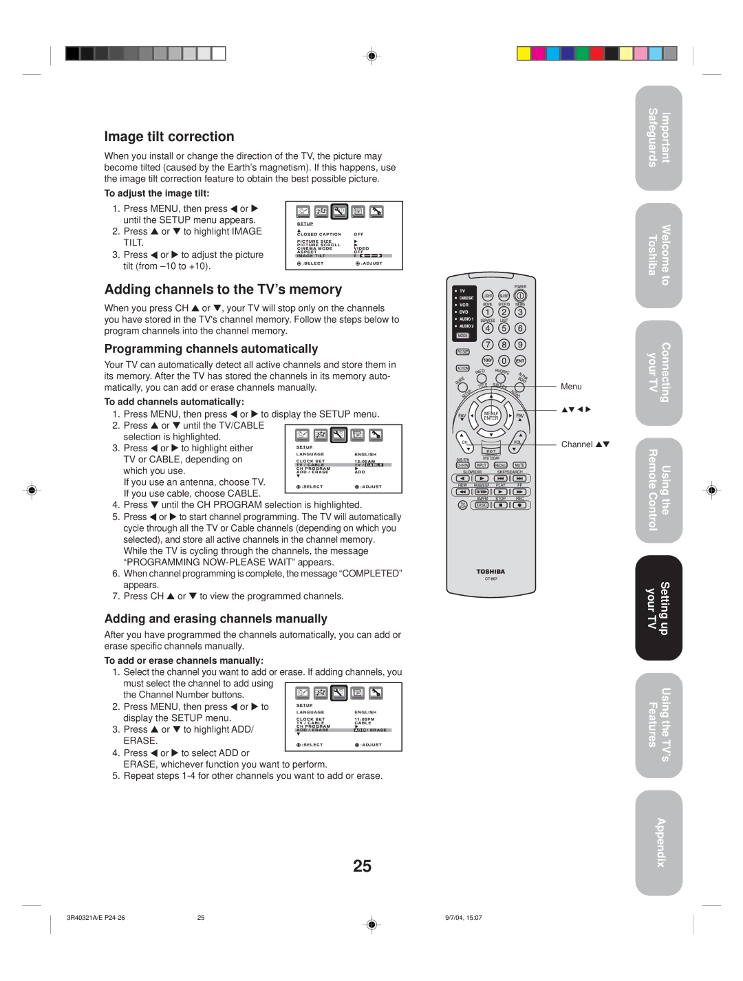 Toshiba 30HFX84 appendix Image tilt correction, Adding channels to the TV’s memory, To adjust the image tilt 