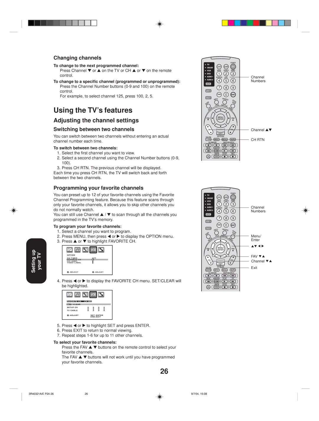 Toshiba 30HFX84 appendix Using the TV’s features, Adjusting the channel settings 