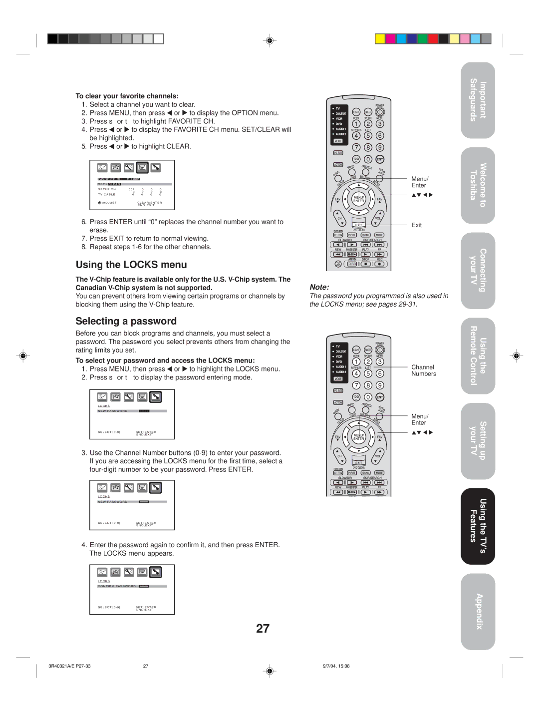 Toshiba 30HFX84 appendix Using the Locks menu, Selecting a password, To clear your favorite channels 