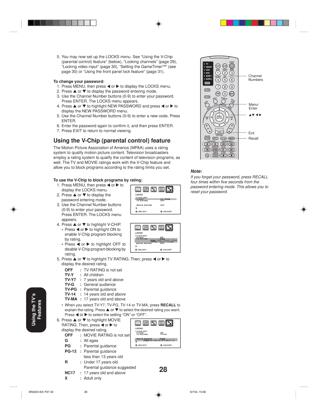 Toshiba 30HFX84 appendix Using the V-Chip parental control feature 