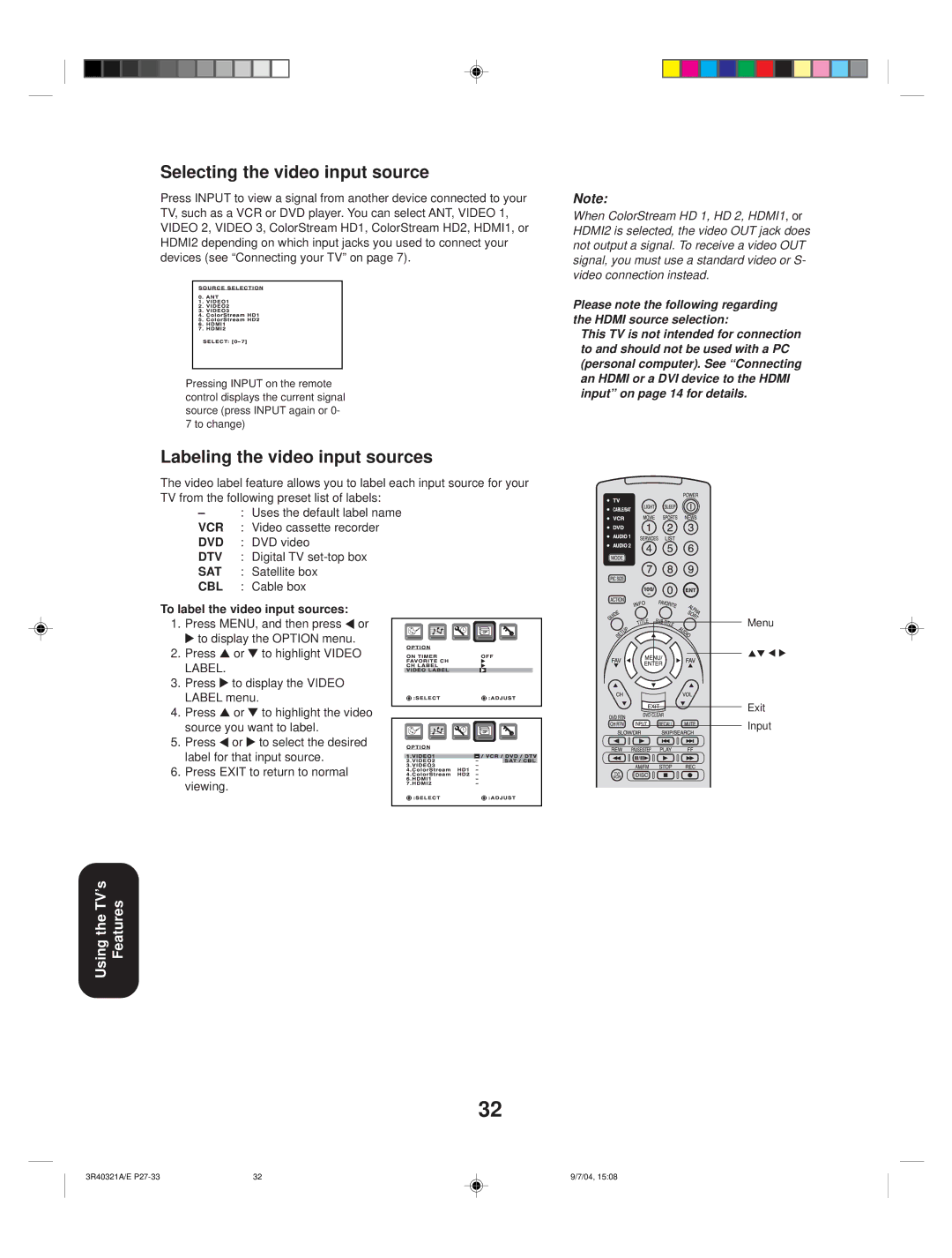 Toshiba 30HFX84 Selecting the video input source, Labeling the video input sources, To label the video input sources 