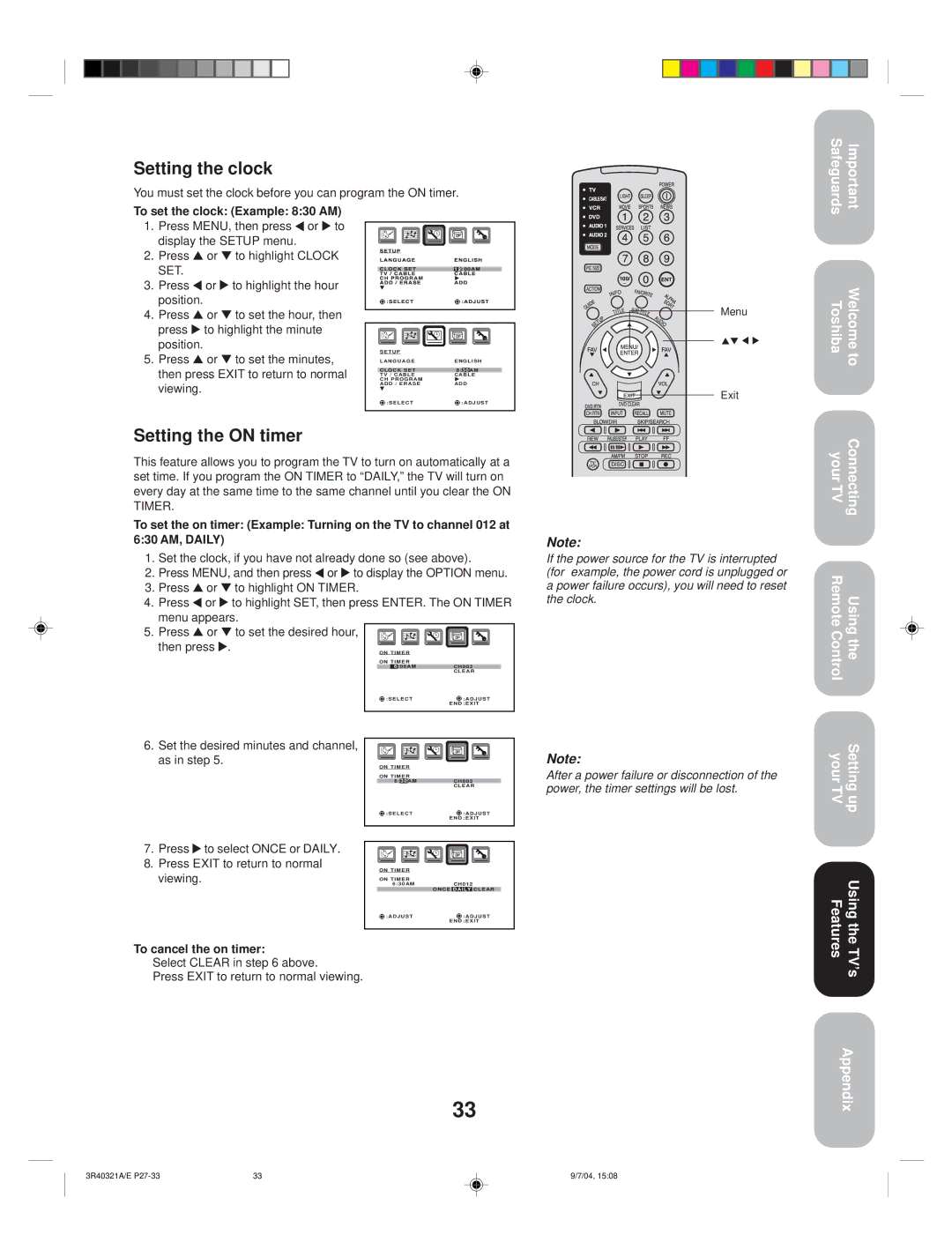 Toshiba 30HFX84 appendix Setting the clock, Setting the on timer, To set the clock Example 830 AM, To cancel the on timer 