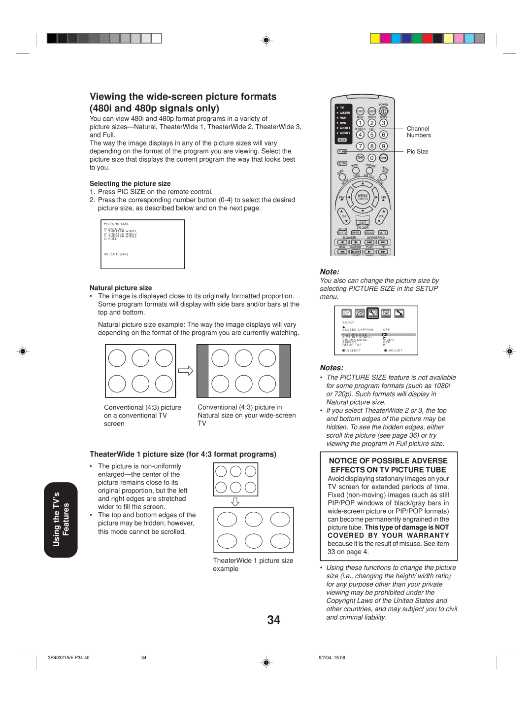 Toshiba 30HFX84 appendix Selecting the picture size, Natural picture size 