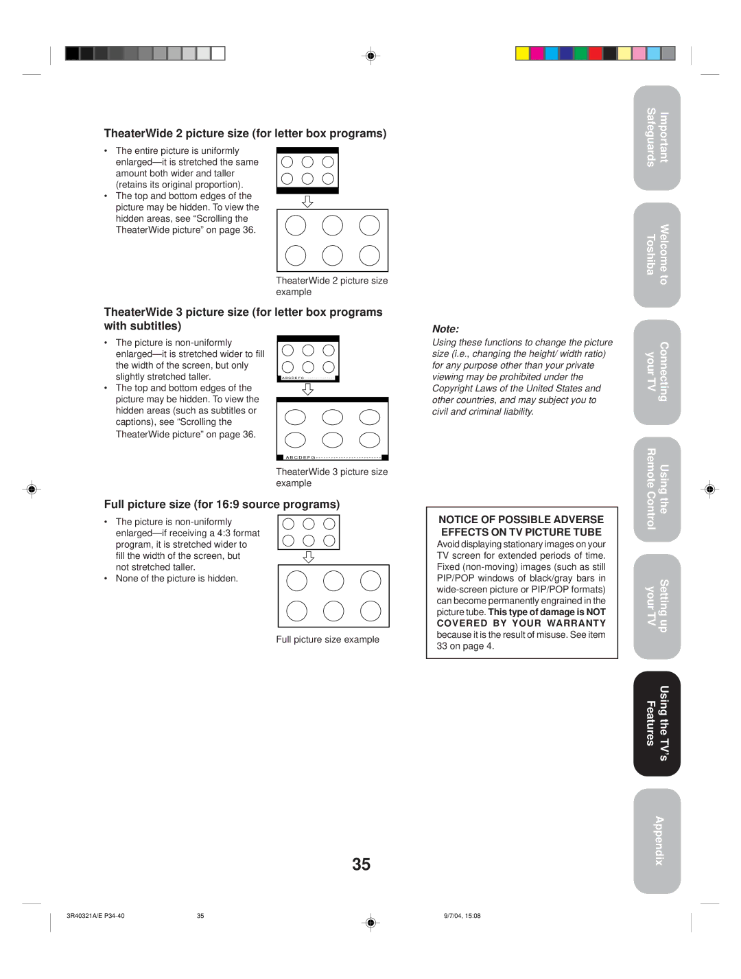 Toshiba 30HFX84 appendix TheaterWide 2 picture size for letter box programs 