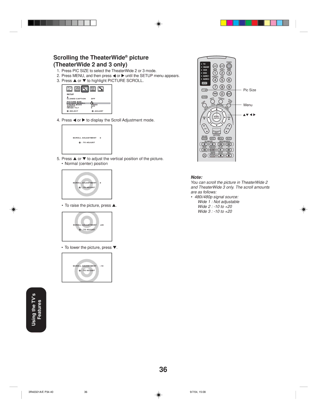 Toshiba 30HFX84 appendix Scrolling the TheaterWide picture TheaterWide 2 and 3 only 