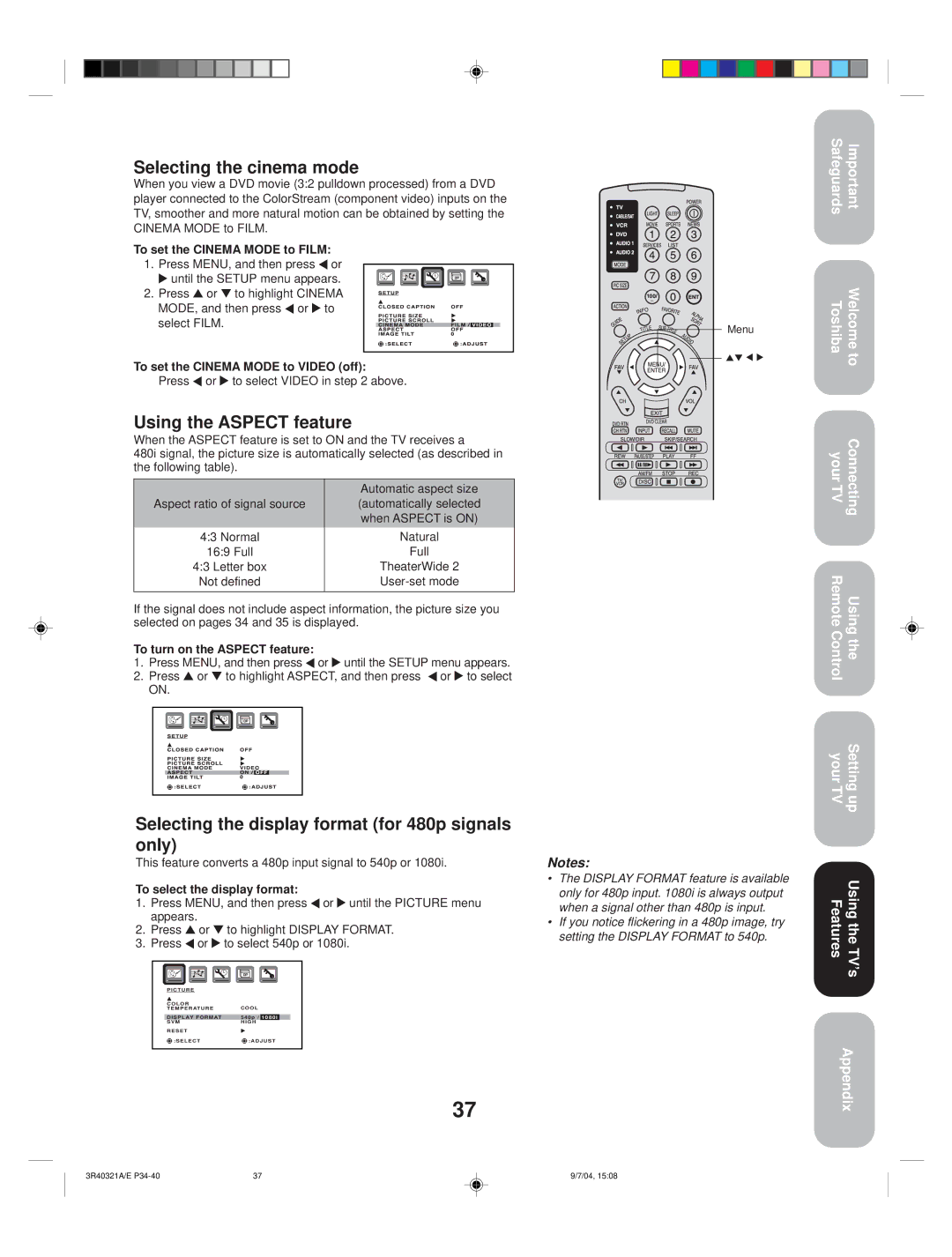 Toshiba 30HFX84 Selecting the cinema mode, Using the Aspect feature, Selecting the display format for 480p signals only 