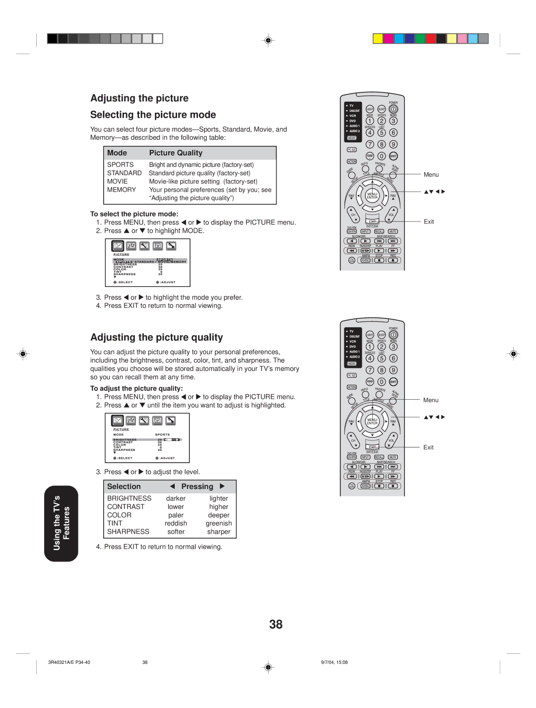 Toshiba 30HFX84 appendix Adjusting the picture Selecting the picture mode, Adjusting the picture quality 