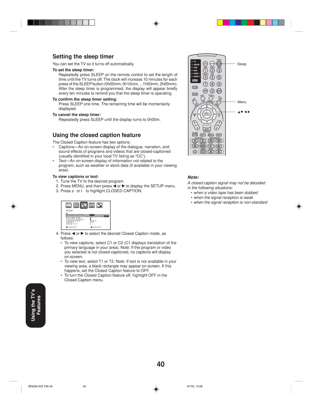 Toshiba 30HFX84 appendix Setting the sleep timer, Using the closed caption feature 