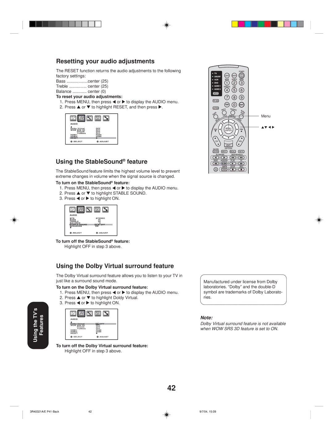 Toshiba 30HFX84 Resetting your audio adjustments, Using the StableSound feature, Using the Dolby Virtual surround feature 