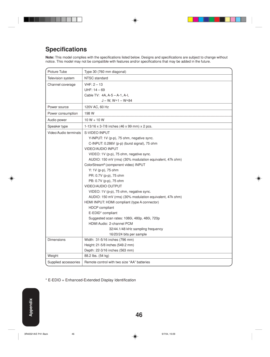 Toshiba 30HFX84 appendix Specifications, VIDEO/AUDIO Input 