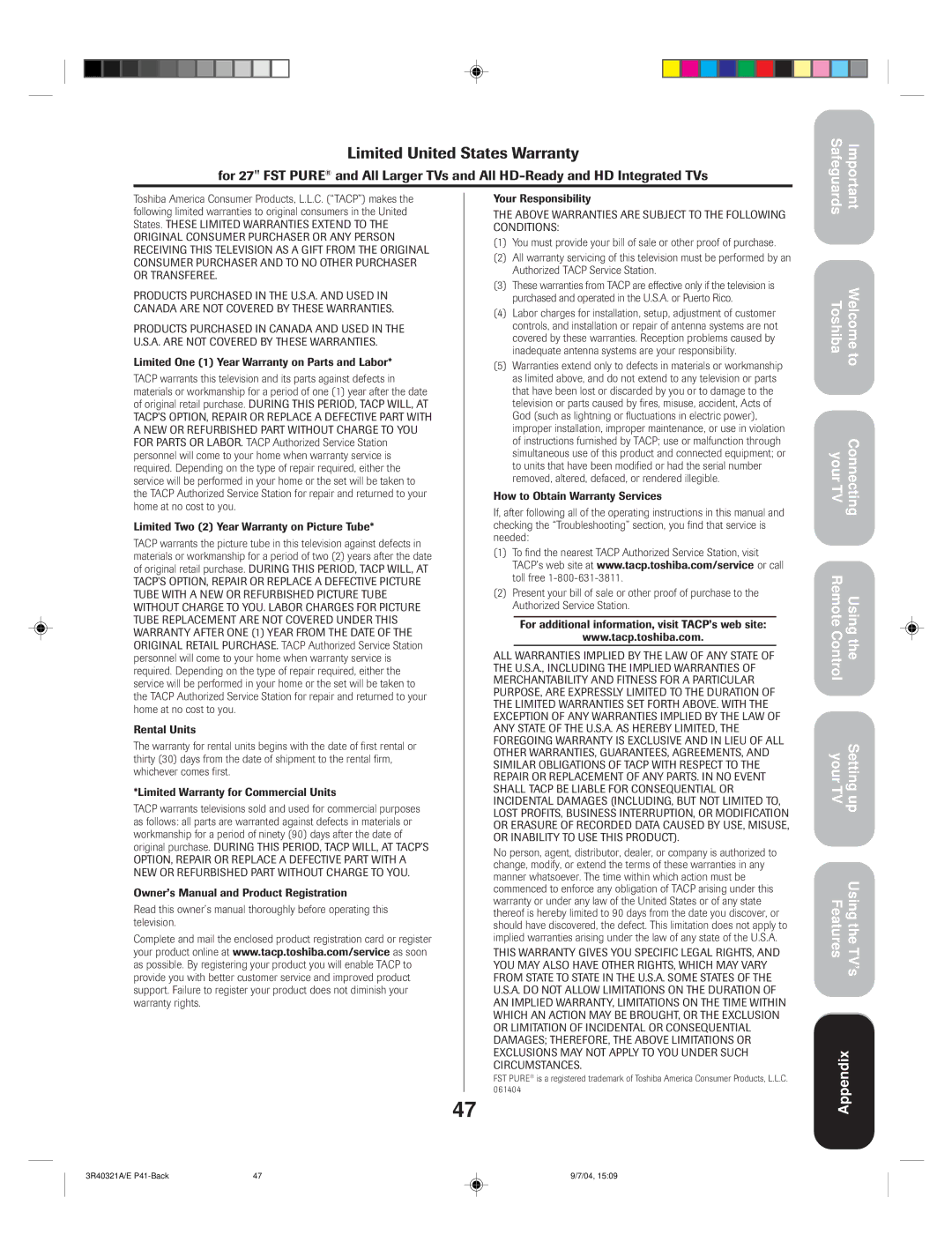 Toshiba 30HFX84 appendix Limited United States Warranty 