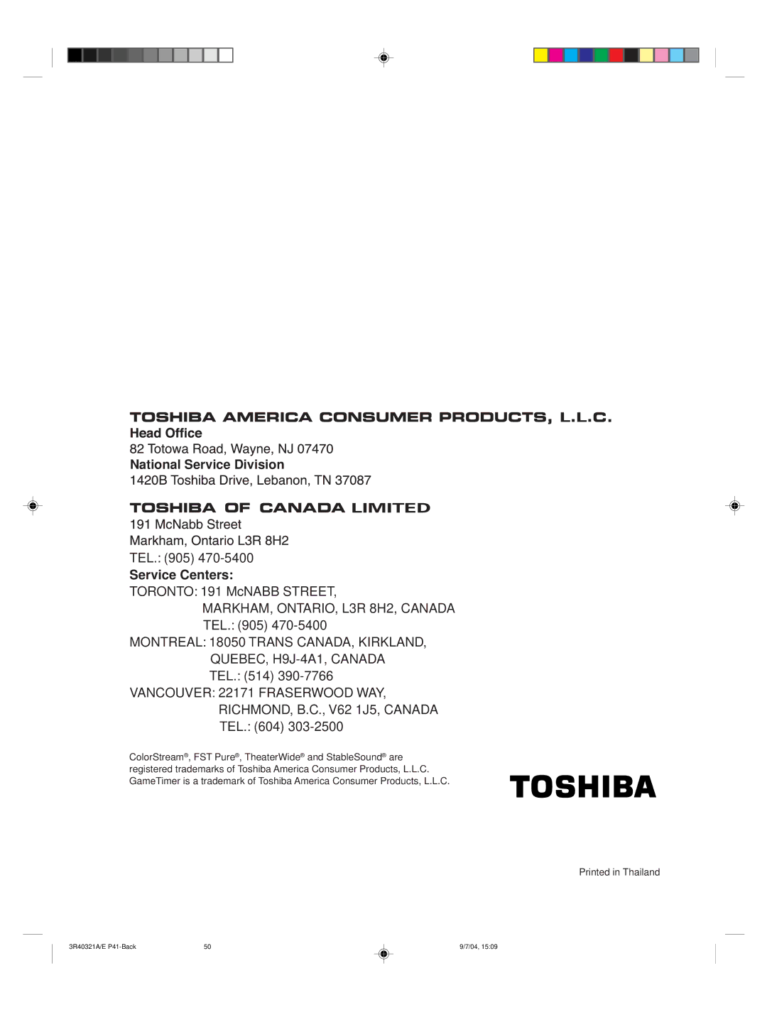 Toshiba 30HFX84 appendix National Service Division 