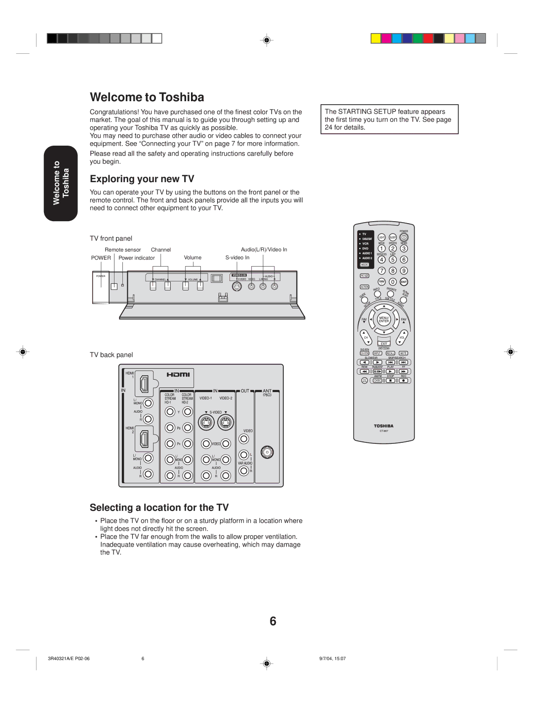 Toshiba 30HFX84 appendix Welcome to Toshiba, Exploring your new TV, Selecting a location for the TV 