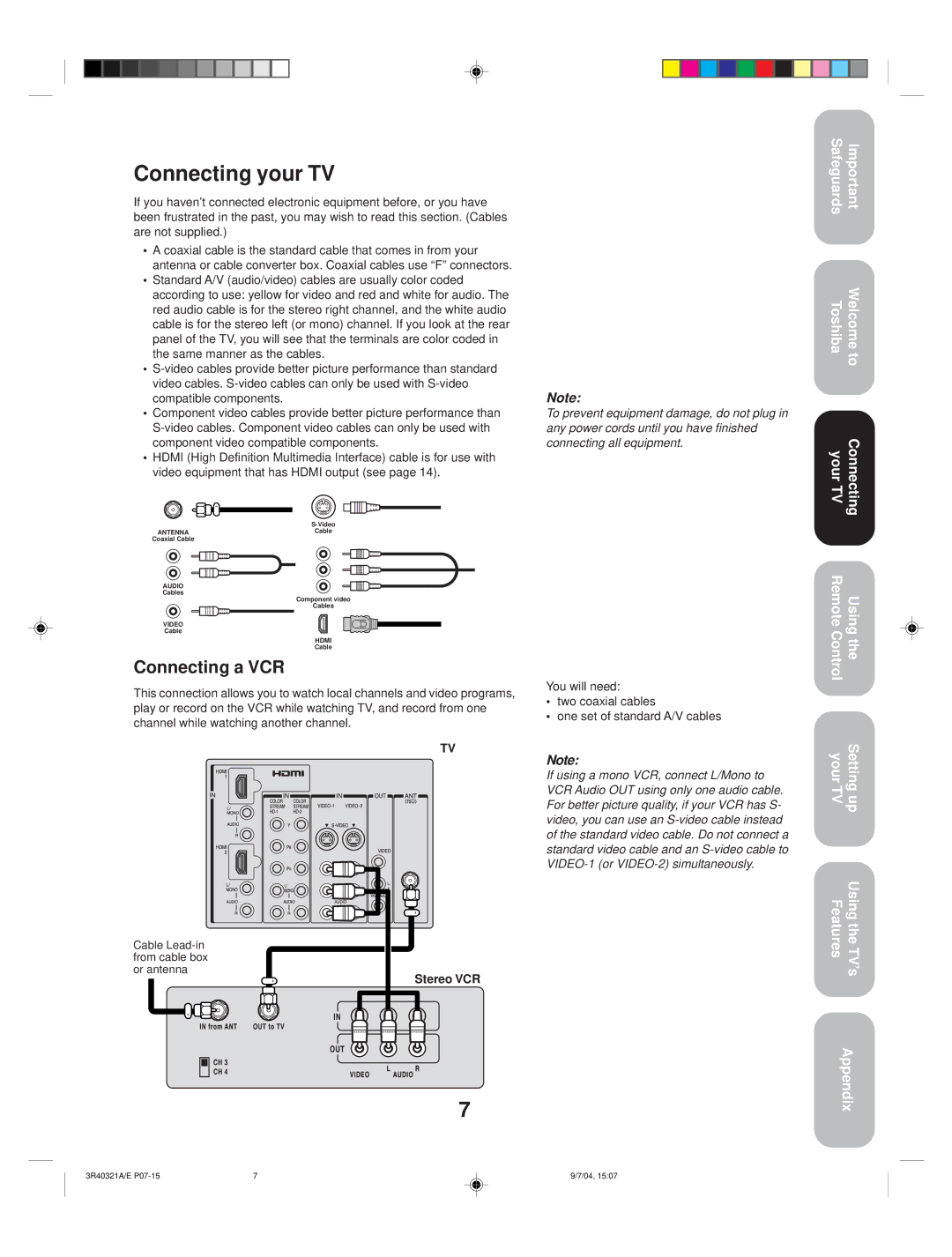 Toshiba 30HFX84 appendix Connecting your TV, Connecting a VCR, Stereo VCR 