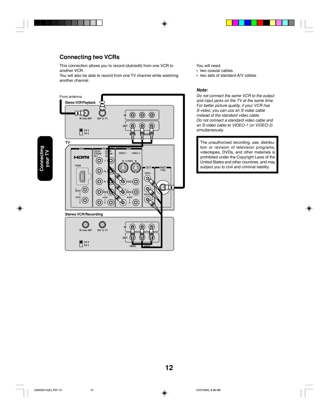 Toshiba 30HFX85 appendix Connecting two VCRs, Connecting your TV 