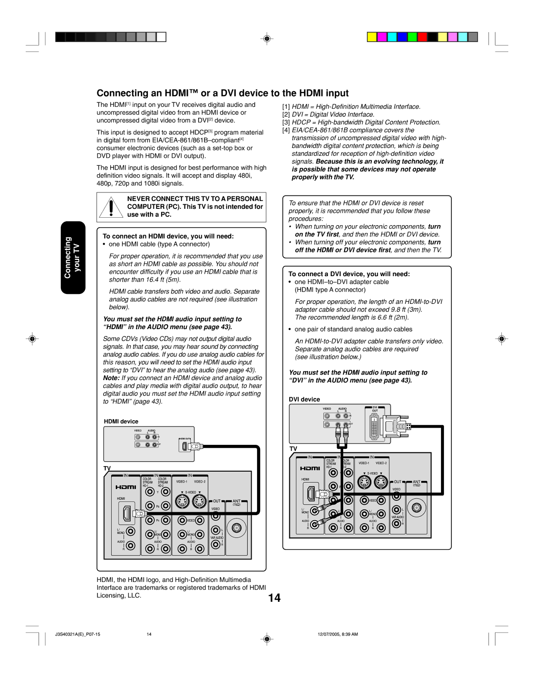 Toshiba 30HFX85 appendix Connecting an Hdmi or a DVI device to the Hdmi input, To connect a DVI device, you will need 