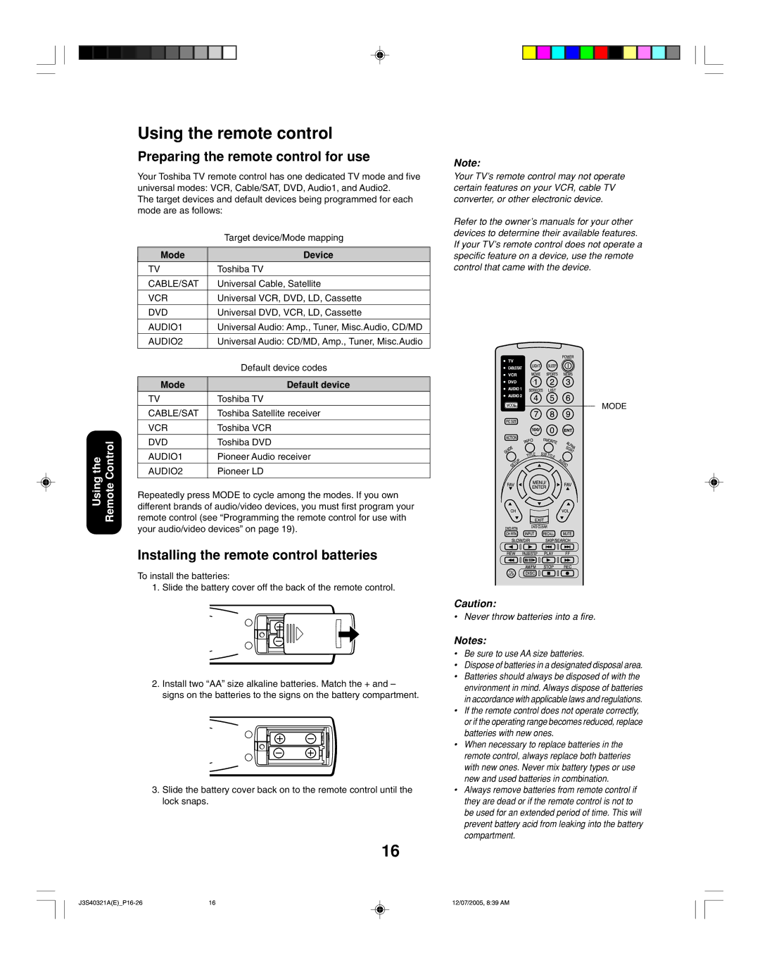 Toshiba 30HFX85 Using the remote control, Preparing the remote control for use, Installing the remote control batteries 