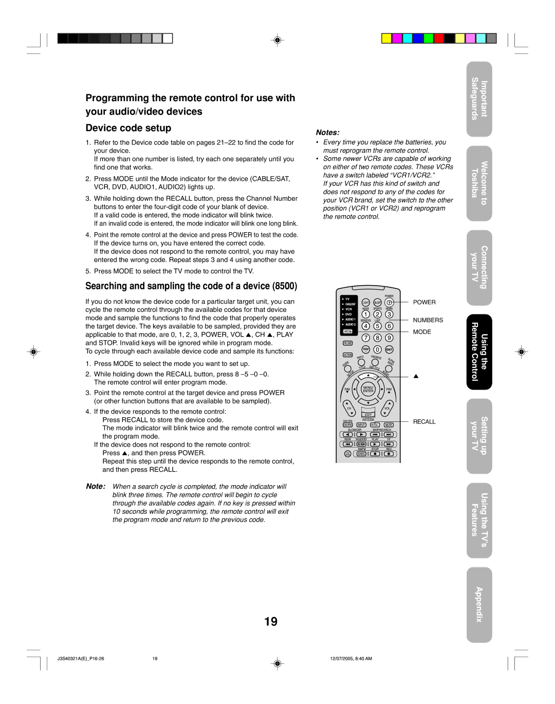 Toshiba 30HFX85 appendix Searching and sampling the code of a device, Press Mode to select the TV mode to control the TV 