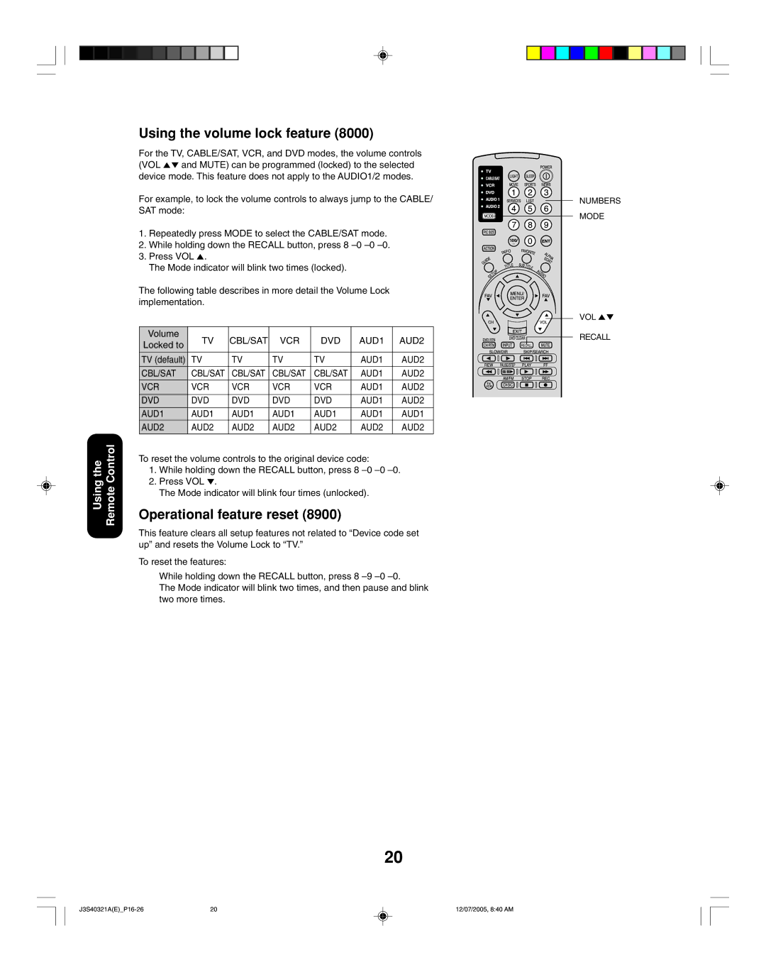 Toshiba 30HFX85 appendix Using the volume lock feature, Operational feature reset 