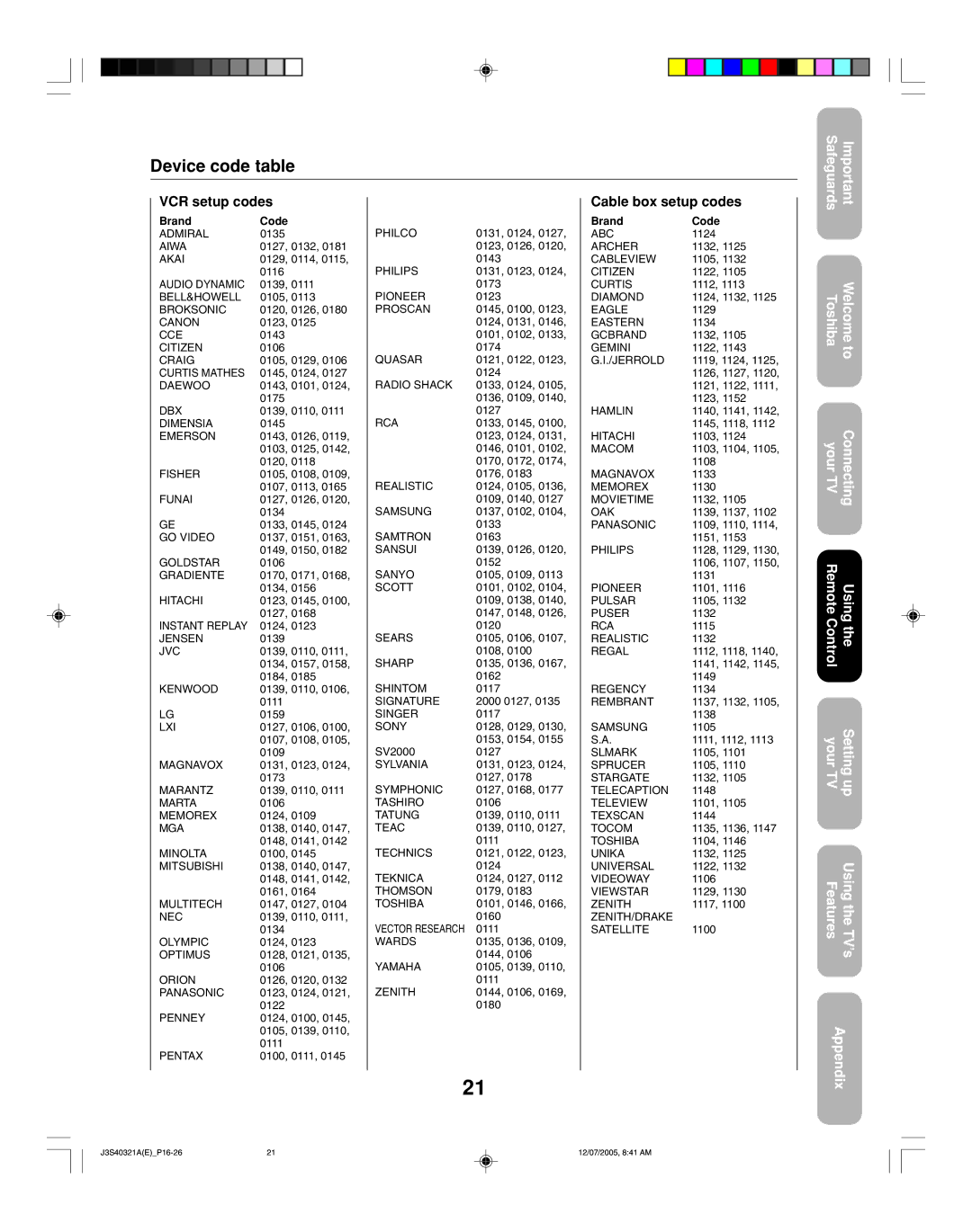 Toshiba 30HFX85 appendix Device code table, VCR setup codes 